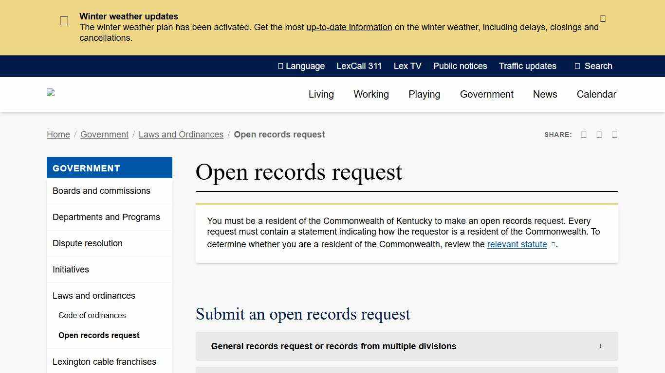 Open records request City of Lexington, Kentucky