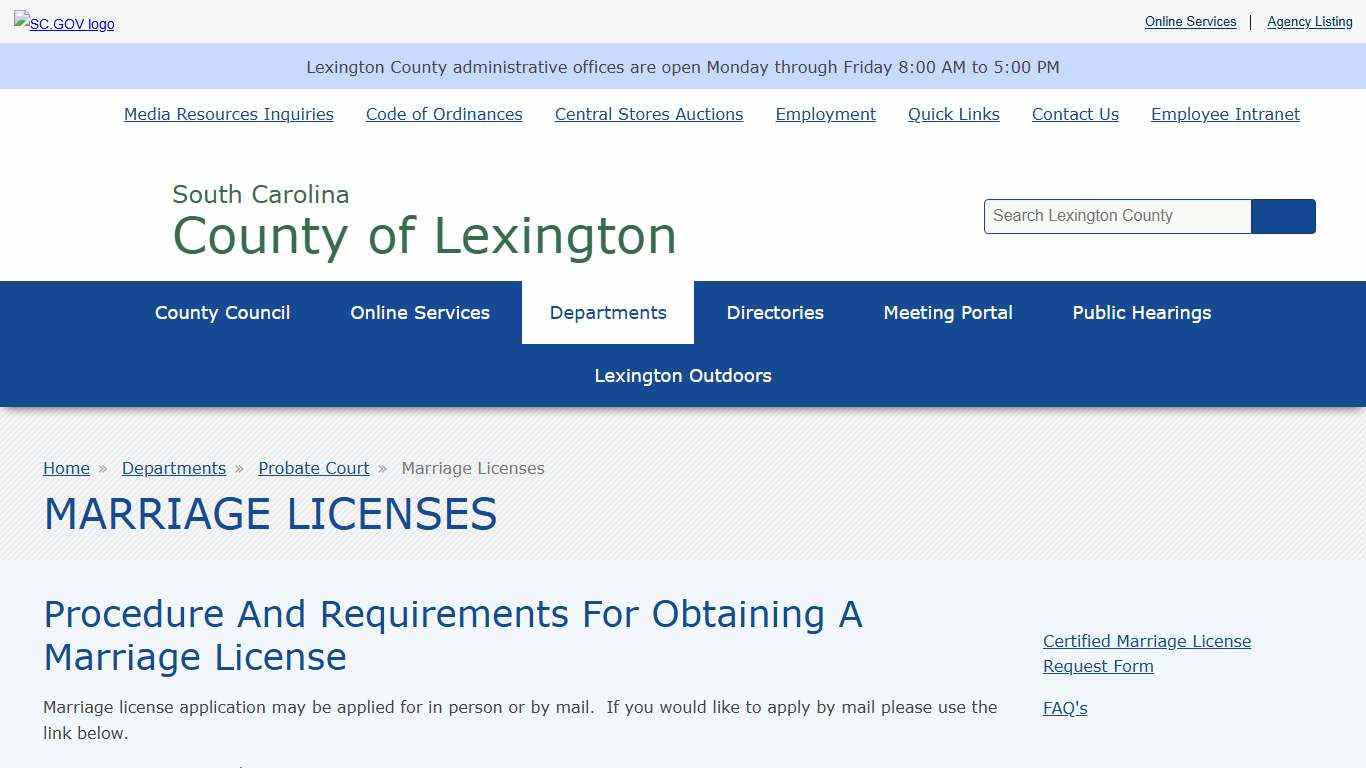 Marriage Licenses County of Lexington